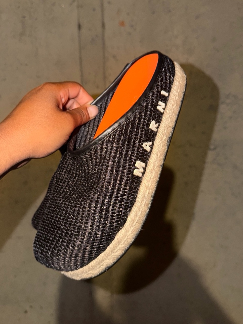 Marni Black Woven Espadrille Mule with Orange Insole